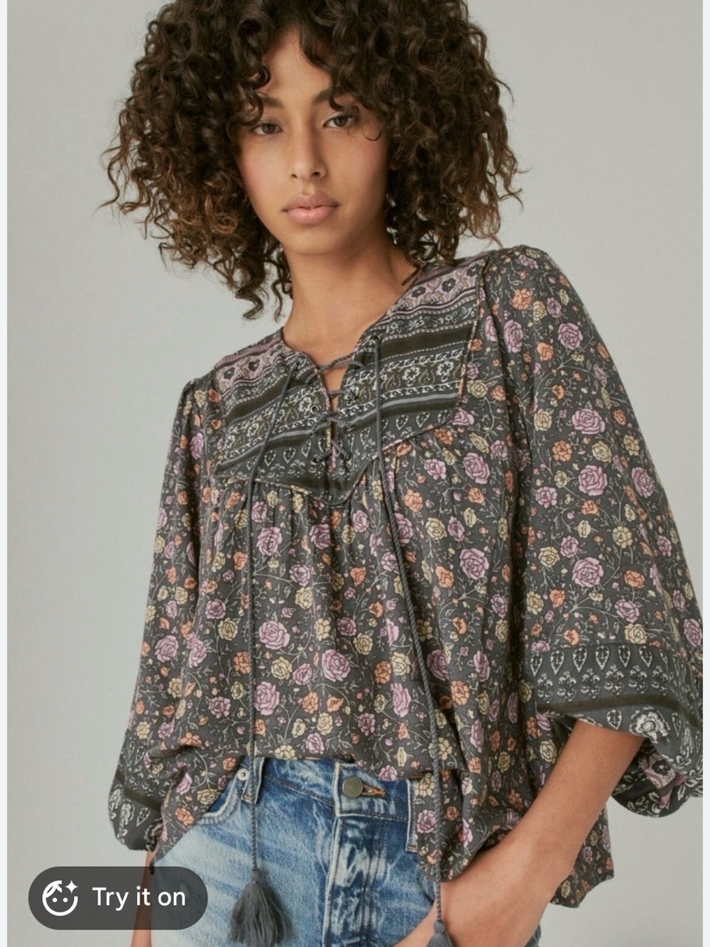 Lucky Brand Lace Up Border Print Peasant Blouse Lace Up Floral